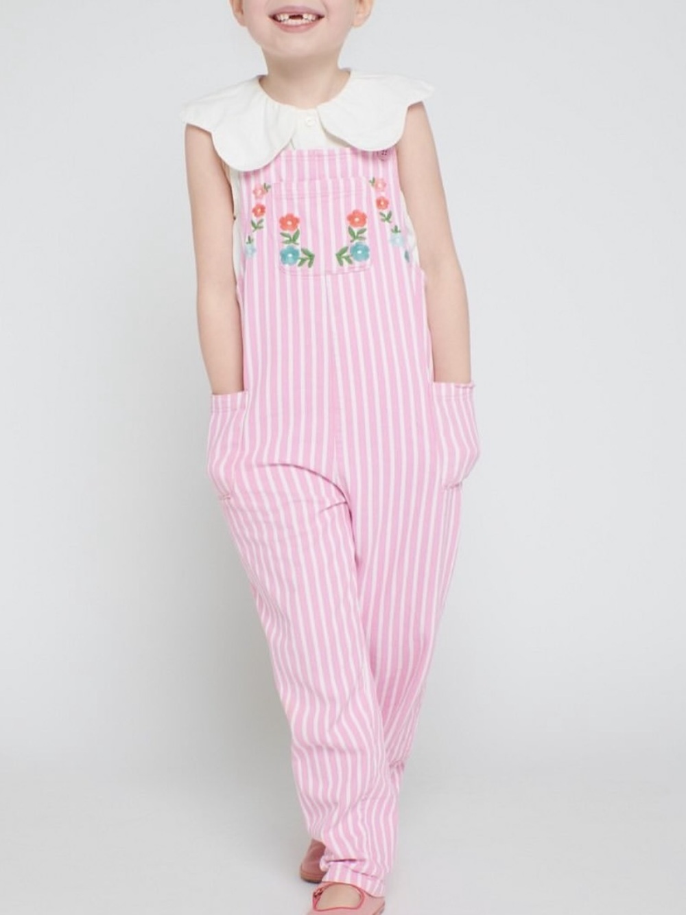 Mini Boden | Pink & White Striped Floral Embroidered |Overalls |3-4 years
